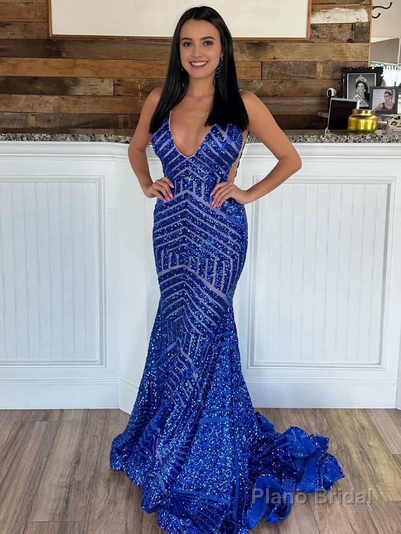 Deep V Neck Pink Sequins Mermaid Long Prom Dress