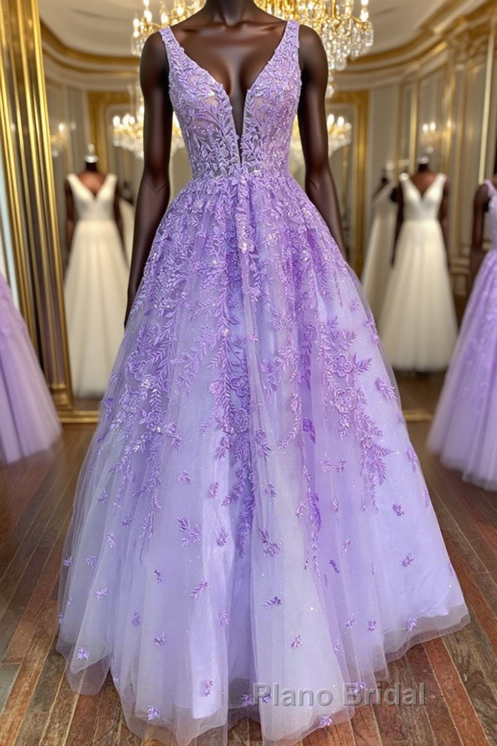 Deep V Neck Purple Lace Long Formal Prom Dresses, Purple Lace Formal Dresses, Purple Evening Dresses Main image