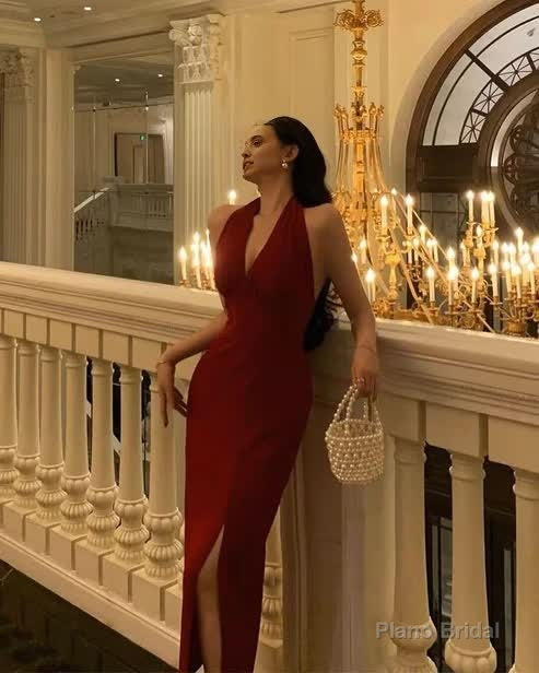 Deep V Neck Red Sheath Long Prom Dress With Slit Halter Evening Party Dress Secondary image
