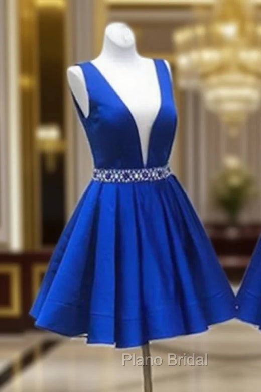 Deep V Neck Royal Blue Short Satin Formal Prom Dresses, Royal Blue V Neck Short Formal Homecoming Dresses Main image