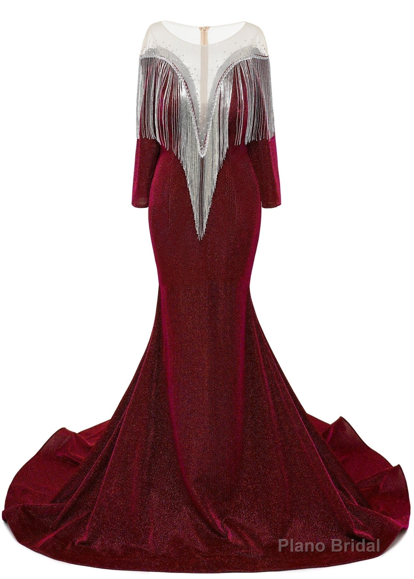 Deep V-neck Shiny Burgundy Prom Dresses Long sleeves Mermaid Evening Party Dresses Main image