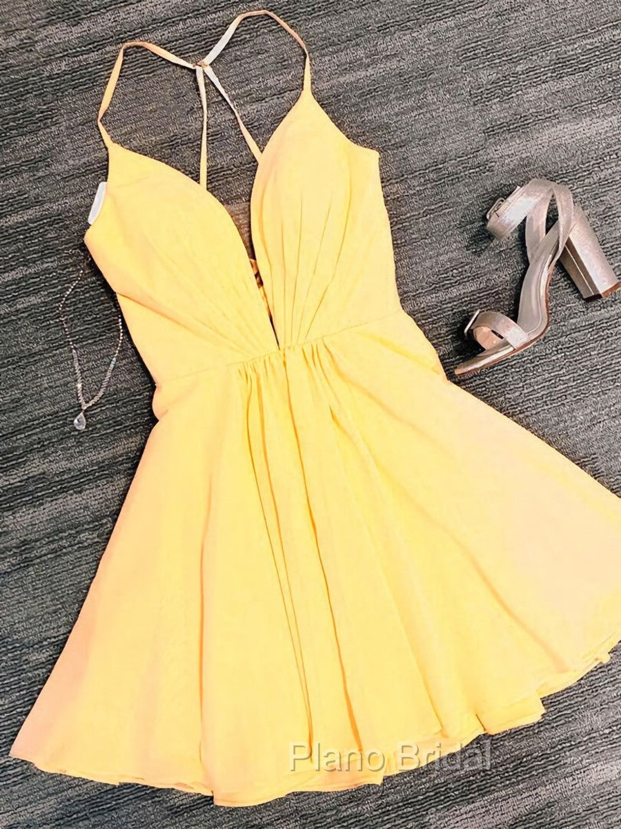 Deep V Neck Short Yellow Black Formal Prom Dresses, Short Backless Formal Homecoming Dresses