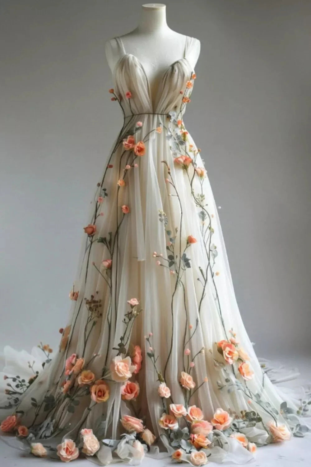 Deep V Neck Wedding Dresses 3D Flowers Appliques Tulle A-Line Formal Prom Gowns Main image