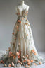 Deep V Neck Wedding Dresses 3D Flowers Appliques Tulle A-Line Formal Prom Gowns