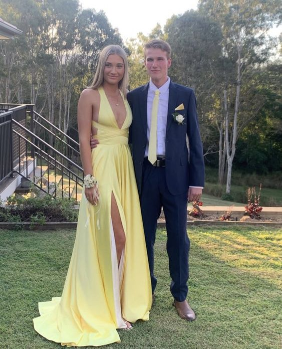 Deep V Neck Yellow A Line Long Formal Prom Dresses With Slit