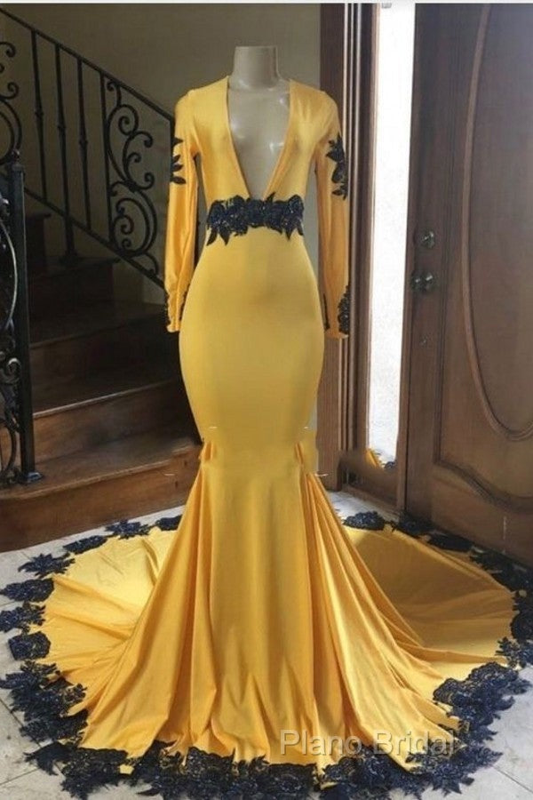 Deep V Neck Yellow Formal Prom Dresses Black Lace Applique Formal Gown Secondary image