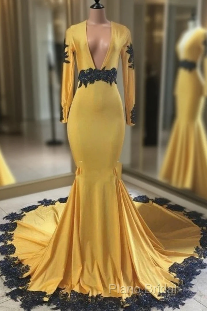 Deep V Neck Yellow Formal Prom Dresses Black Lace Applique Formal Gown