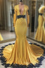 Deep V Neck Yellow Formal Prom Dresses Black Lace Applique Formal Gown