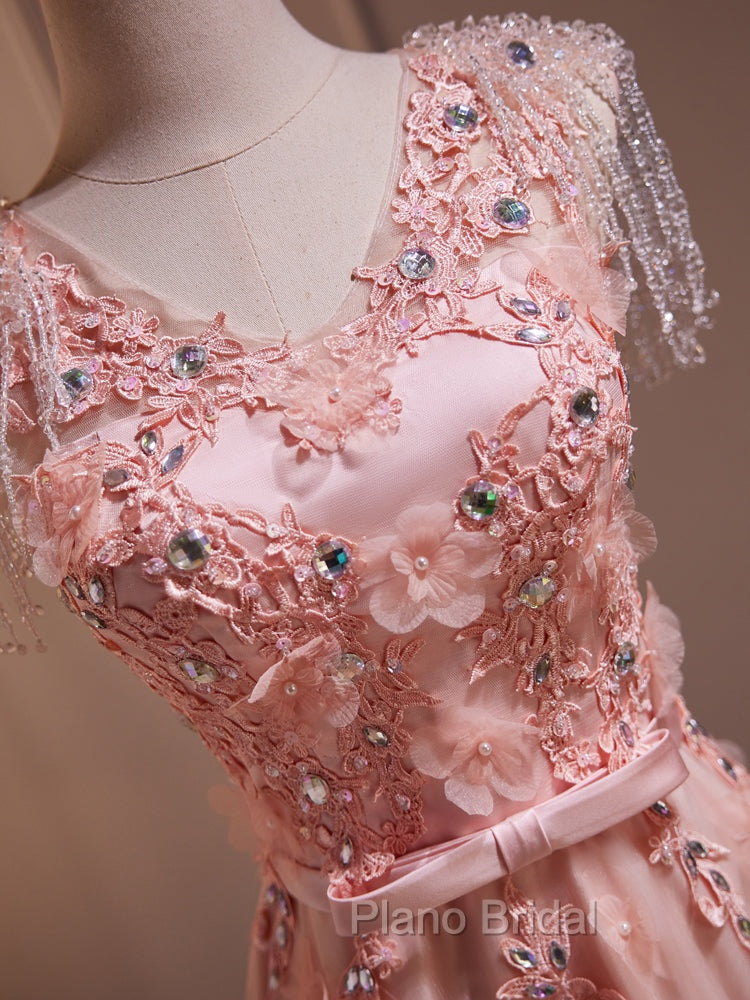 Delicate V-Neck Pink With Rhinestones Lace Appliques Formal Prom Dresses Secondary image