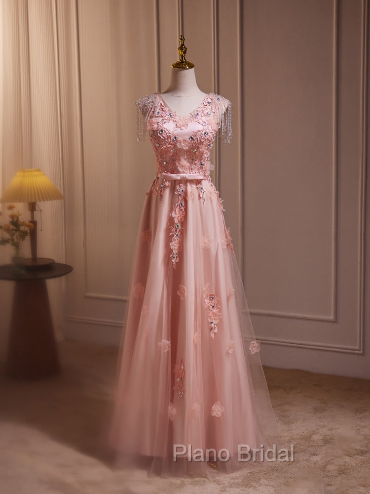 Delicate V-Neck Pink With Rhinestones Lace Appliques Formal Prom Dresses
