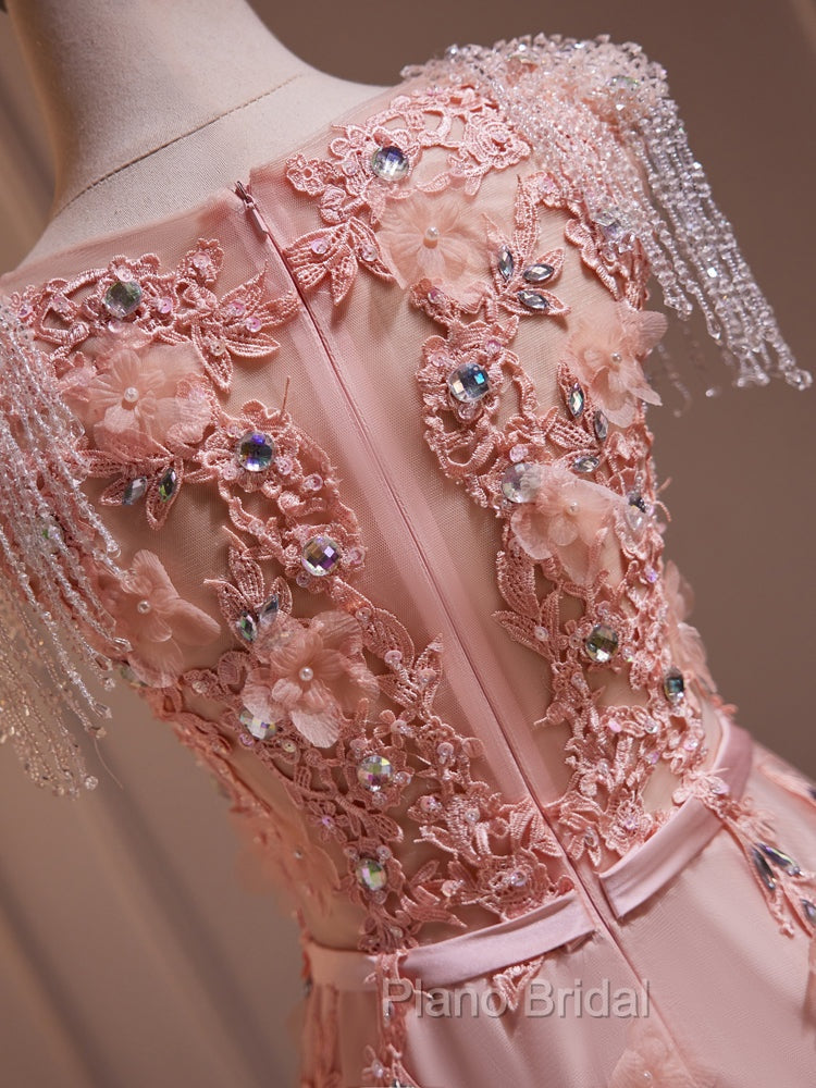 Delicate V-Neck Pink With Rhinestones Lace Appliques Formal Prom Dresses