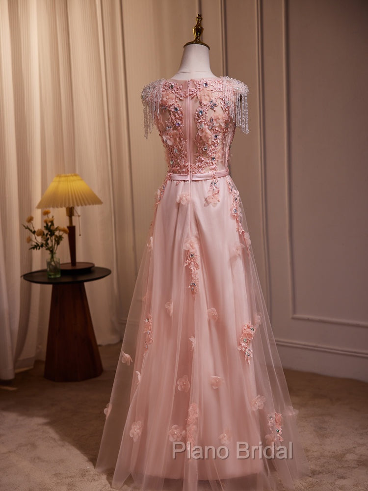 Delicate V-Neck Pink With Rhinestones Lace Appliques Formal Prom Dresses