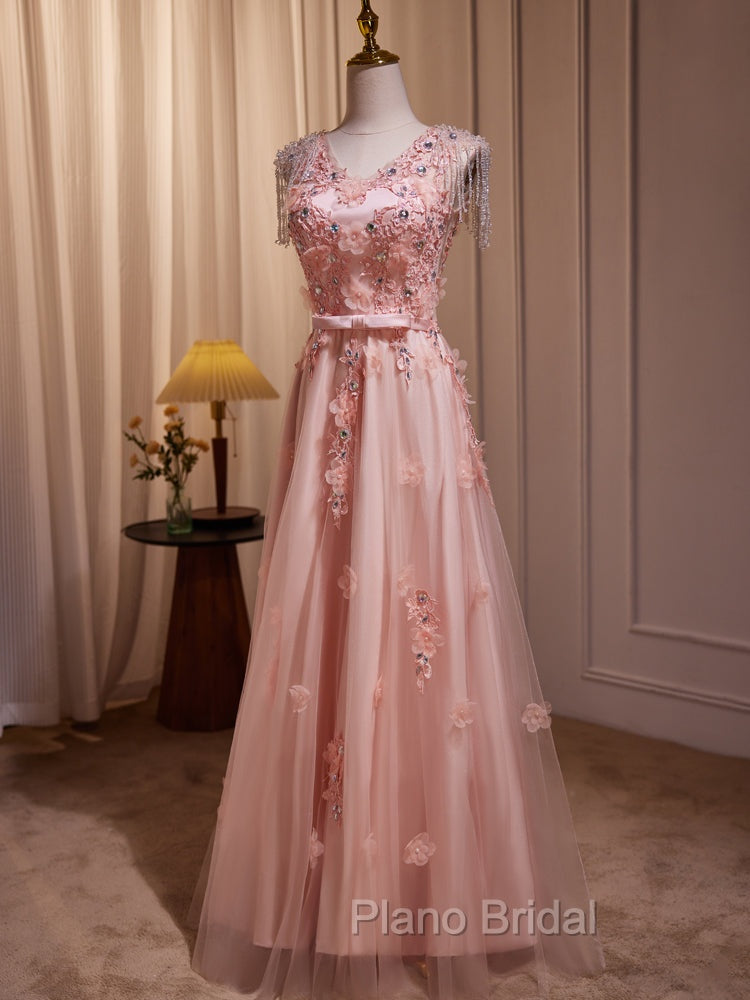 Delicate V-Neck Pink With Rhinestones Lace Appliques Formal Prom Dresses