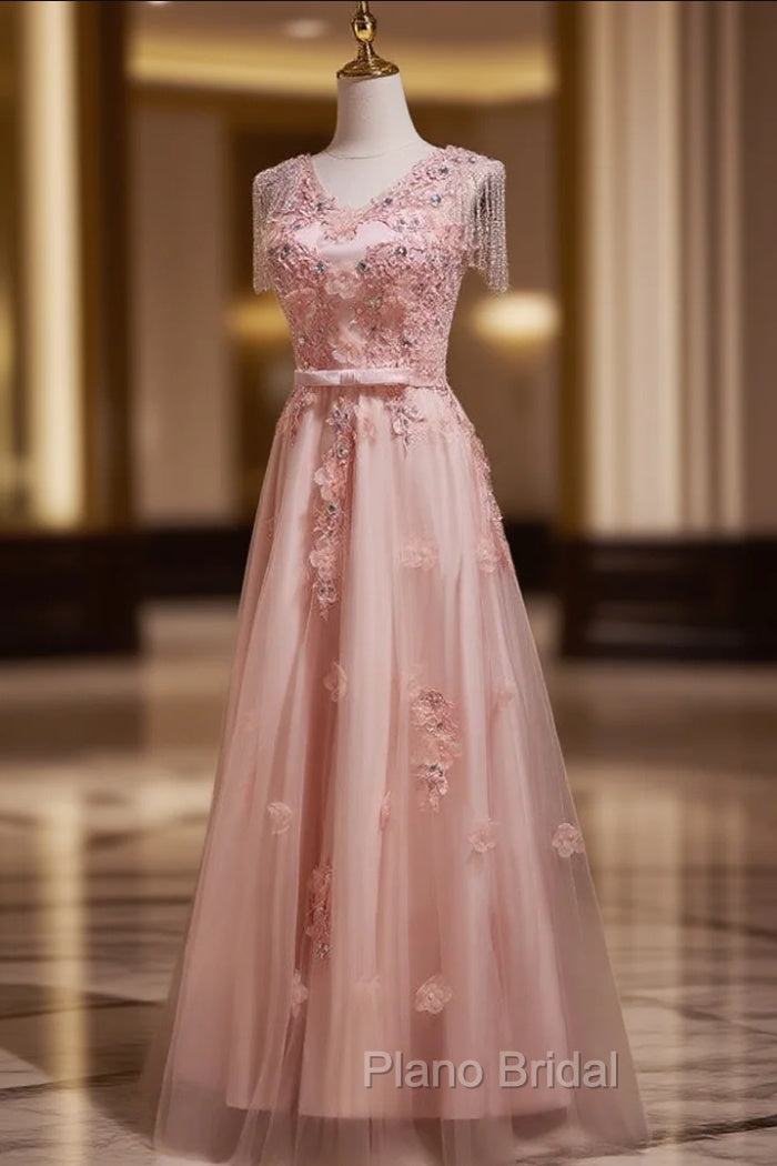 Delicate V-Neck Pink With Rhinestones Lace Appliques Formal Prom Dresses Main image