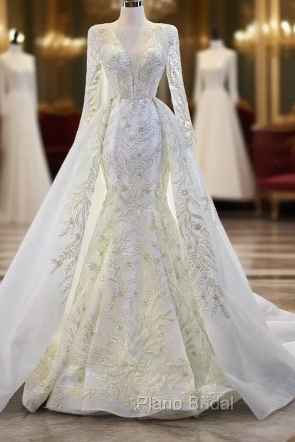 Demand Attention In White Mermaid Tulle Beading Long Sleeve Wedding Dresses With Removable Train Main image
