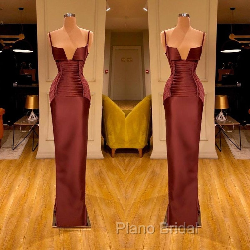 Designer Burgundy Spaghetti-Straps Mermaid Formal Prom Dresses Long With Ruched