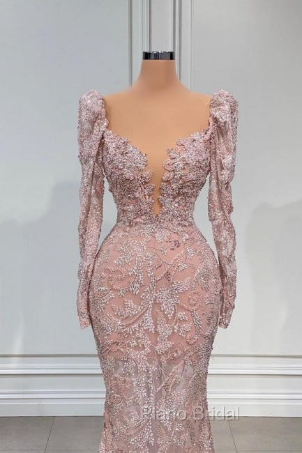 Designer Pink V-neck Lace Mermaid Formal Prom Dresses Evening Gowns With Long Sleeves Secondary image