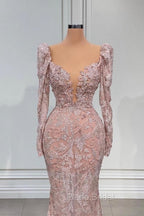 Designer Pink V-neck Lace Mermaid Formal Prom Dresses Evening Gowns With Long Sleeves
