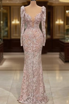 Designer Pink V-neck Lace Mermaid Formal Prom Dresses Evening Gowns With Long Sleeves