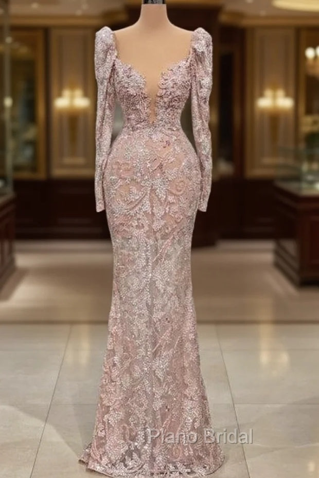 Designer Pink V-neck Lace Mermaid Formal Prom Dresses Evening Gowns With Long Sleeves