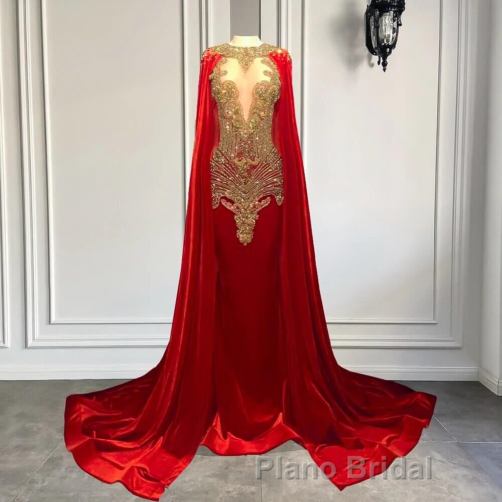 Mermaid Formal Prom Dresses with Red Scoop Neckline and Beadings Cape Secondary image