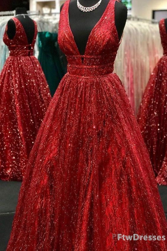 sparkly deep v neck long prom dresses Main image