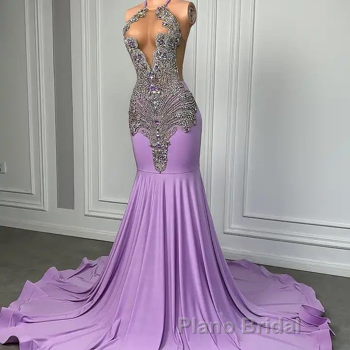 Long Lilac Sleeveless Halter Mermaid Formal Prom Dress With Beadings
