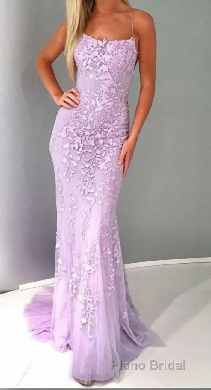 Chic Trumpet Spaghetti Straps With Lace Appliques Light Blue Formal Prom Dresses