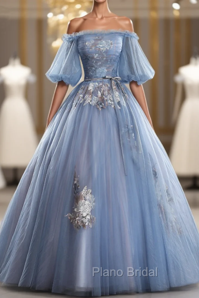 Discover The Latest Gray Blue Ball Gown Tulle Puff Sleeve Appliques Quinceanera Dresses Main image
