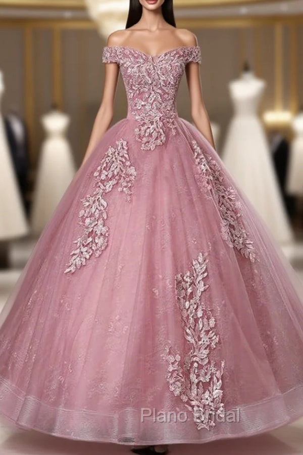 Discover The Latest Pink Ball Gown Tulle Appliques Off the Shoulder Pearls Quinceanera Dresses Main image