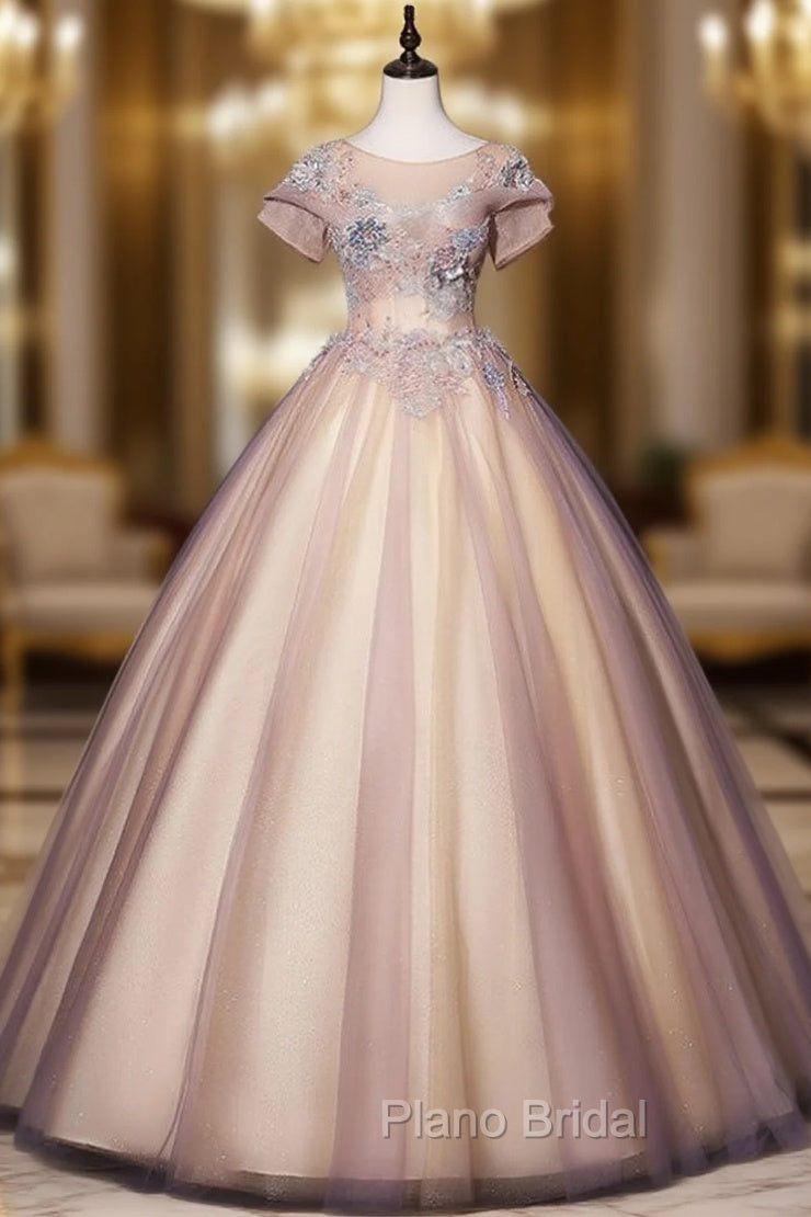 Discover The Latest Pink Ball Gown Tulle Short Sleeve Appliques Pearls Quinceanera Dresses Main image