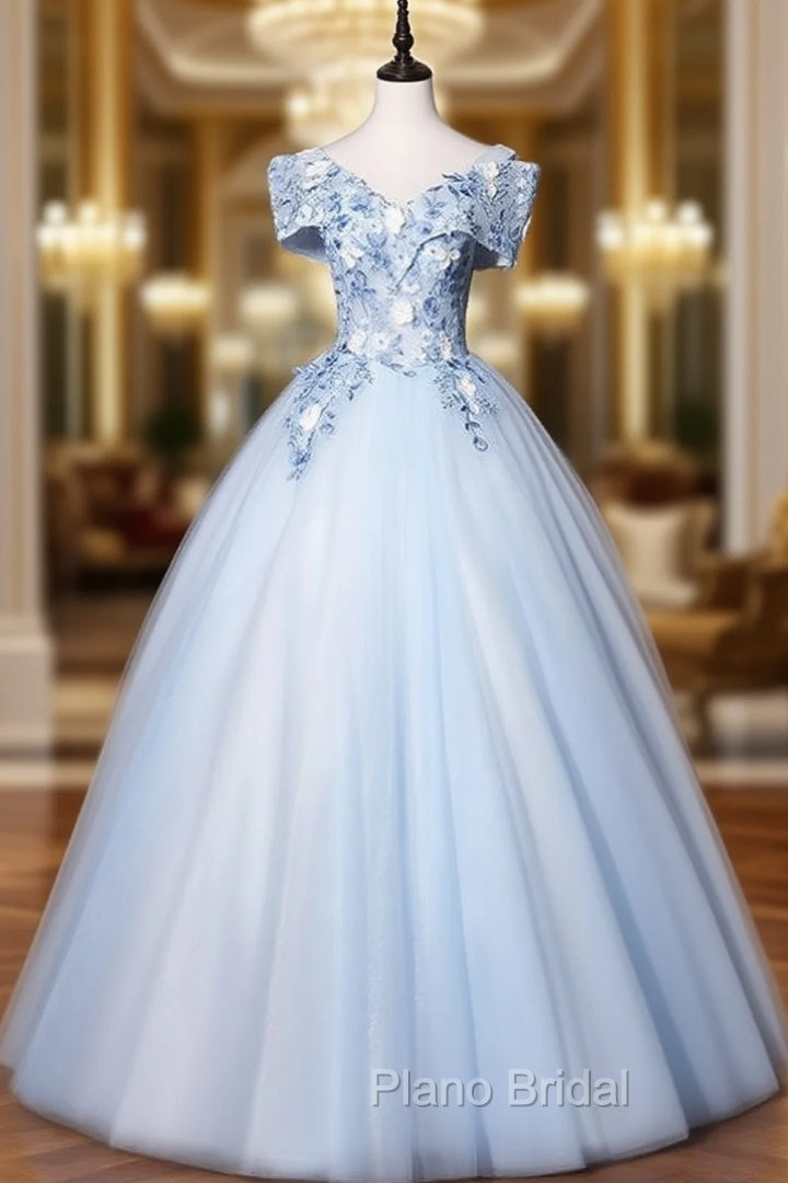 Discover The Latest Sky Blue Ball Gown Tulle Appliques Off the Shoulder Quinceanera Dresses Main image