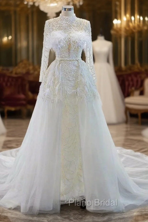 Discover The Latest White Mermaid Tulle High Neck Pearls Wedding Dresses With Removable Train Main image
