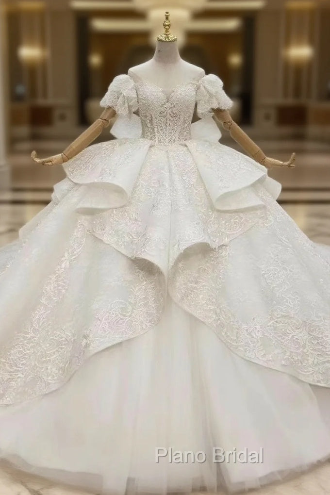 Discover The Latest White Tulle Lace Off the Shoulder Beading Ruffles Pleats Wedding Dresses Main image
