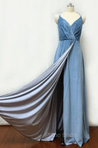 Double-Strap Dusty Blue Velvet Long Bridesmaid Dresses