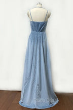 Double-Strap Dusty Blue Velvet Long Bridesmaid Dresses