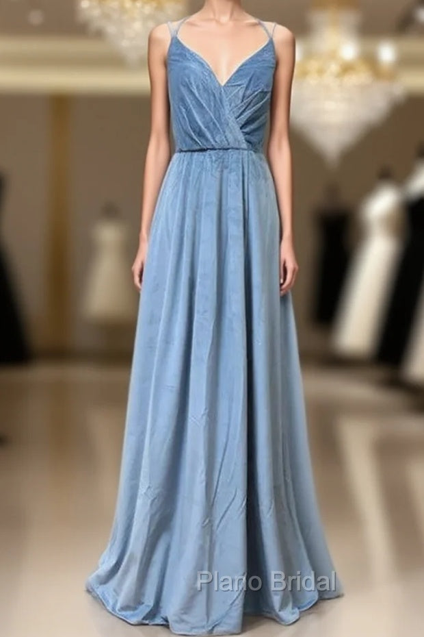 Double-Strap Dusty Blue Velvet Long Bridesmaid Dresses Main image