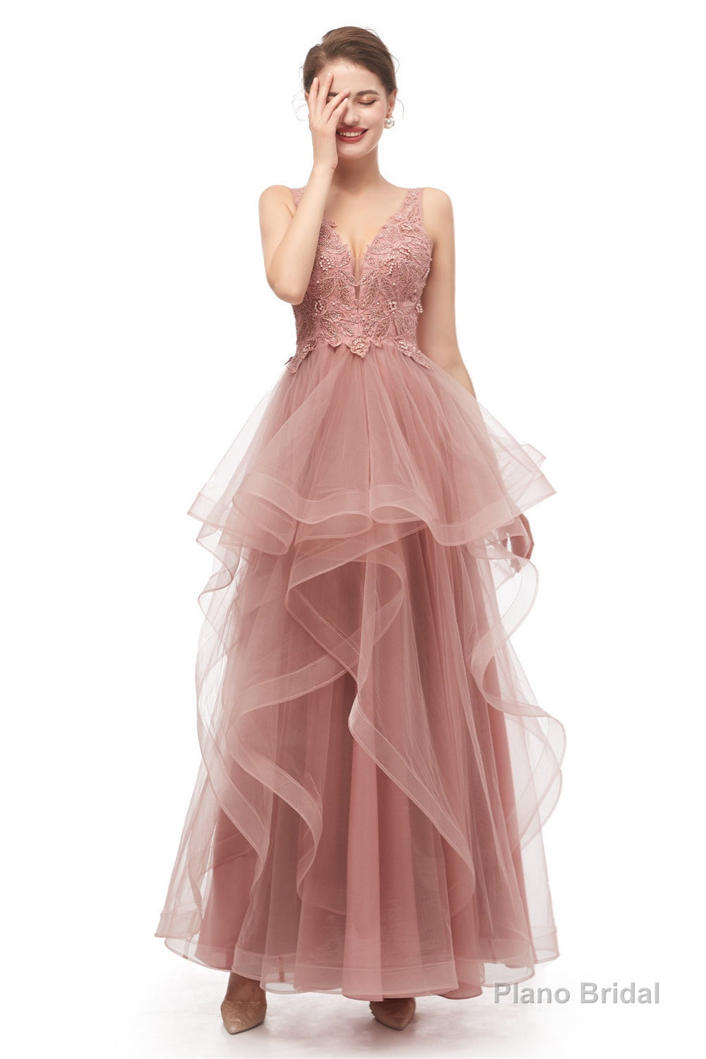 Double V-Neck Beaded Applique Layered Tulle Prom Dresses Main image