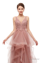 Double V-Neck Beaded Applique Layered Tulle Prom Dresses