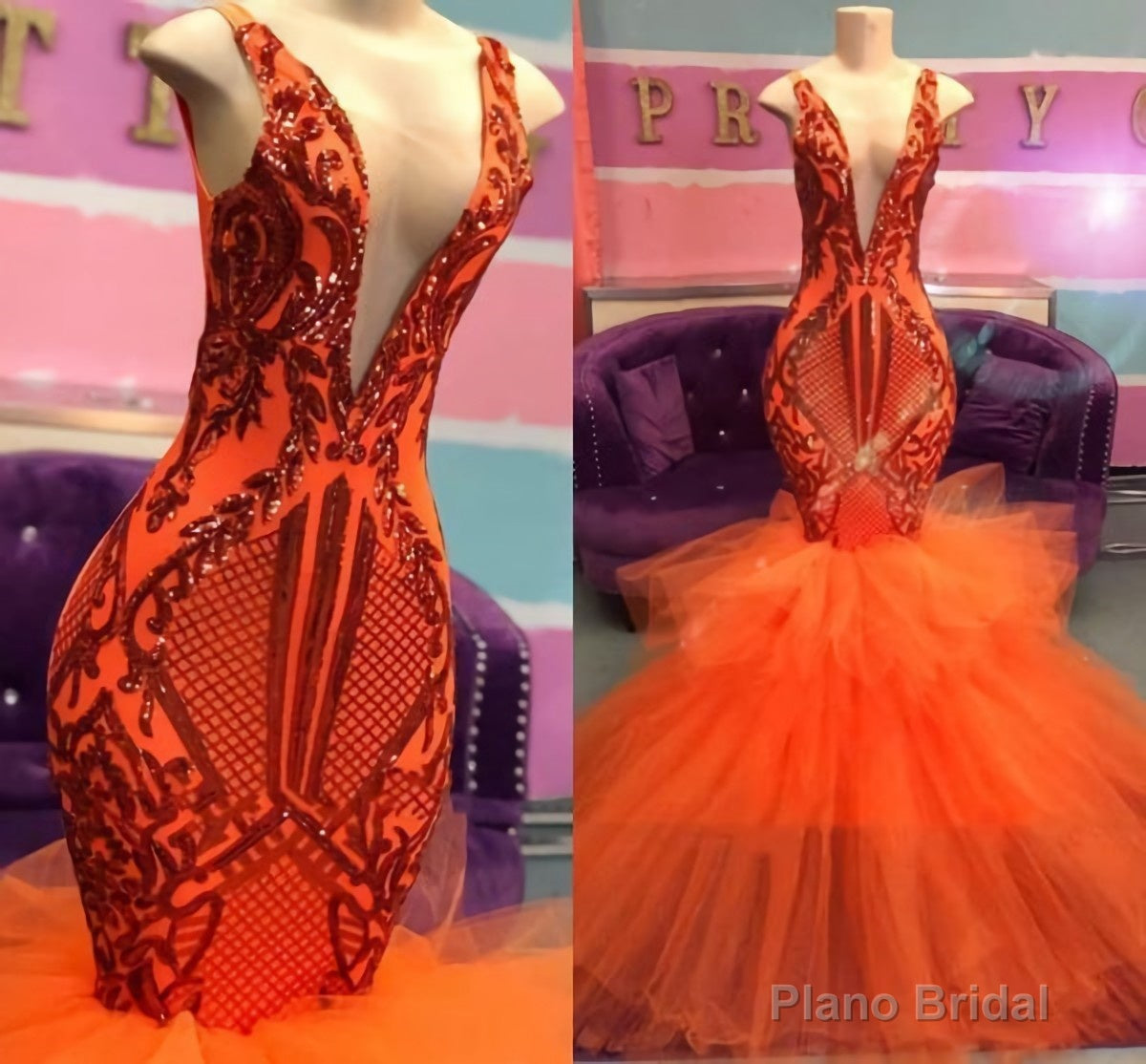 Black Girl Prom Dress, Orange Mermaid Lace Appliques Prom Dresses, Tulle Ruffles Sexy V Neck Cheap Evening Gowns Main image