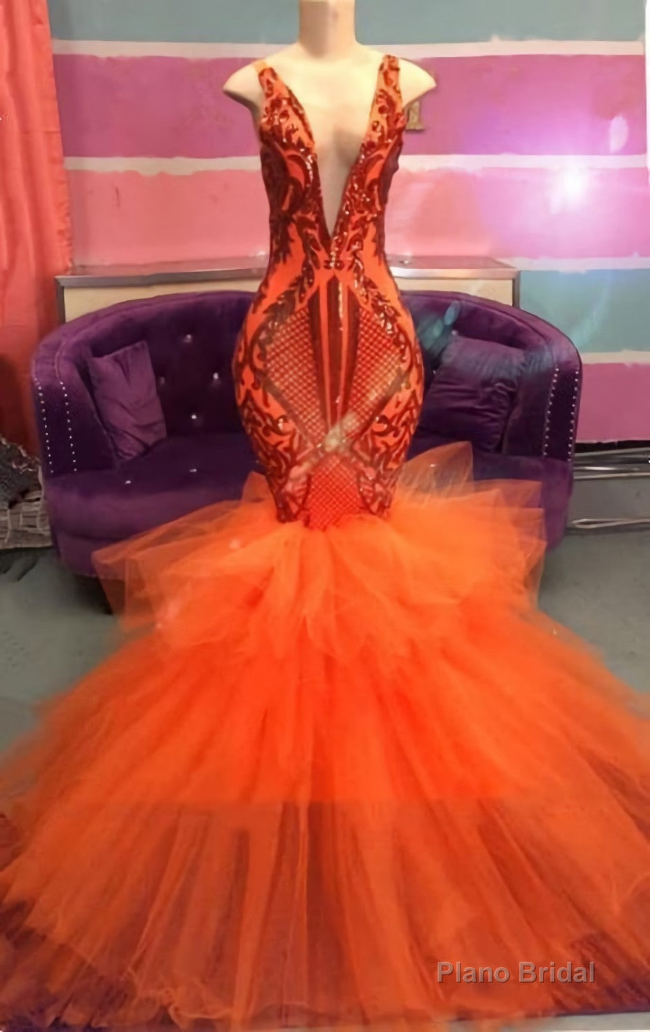Black Girl Prom Dress, Orange Mermaid Lace Appliques Prom Dresses, Tulle Ruffles Sexy V Neck Cheap Evening Gowns Secondary image