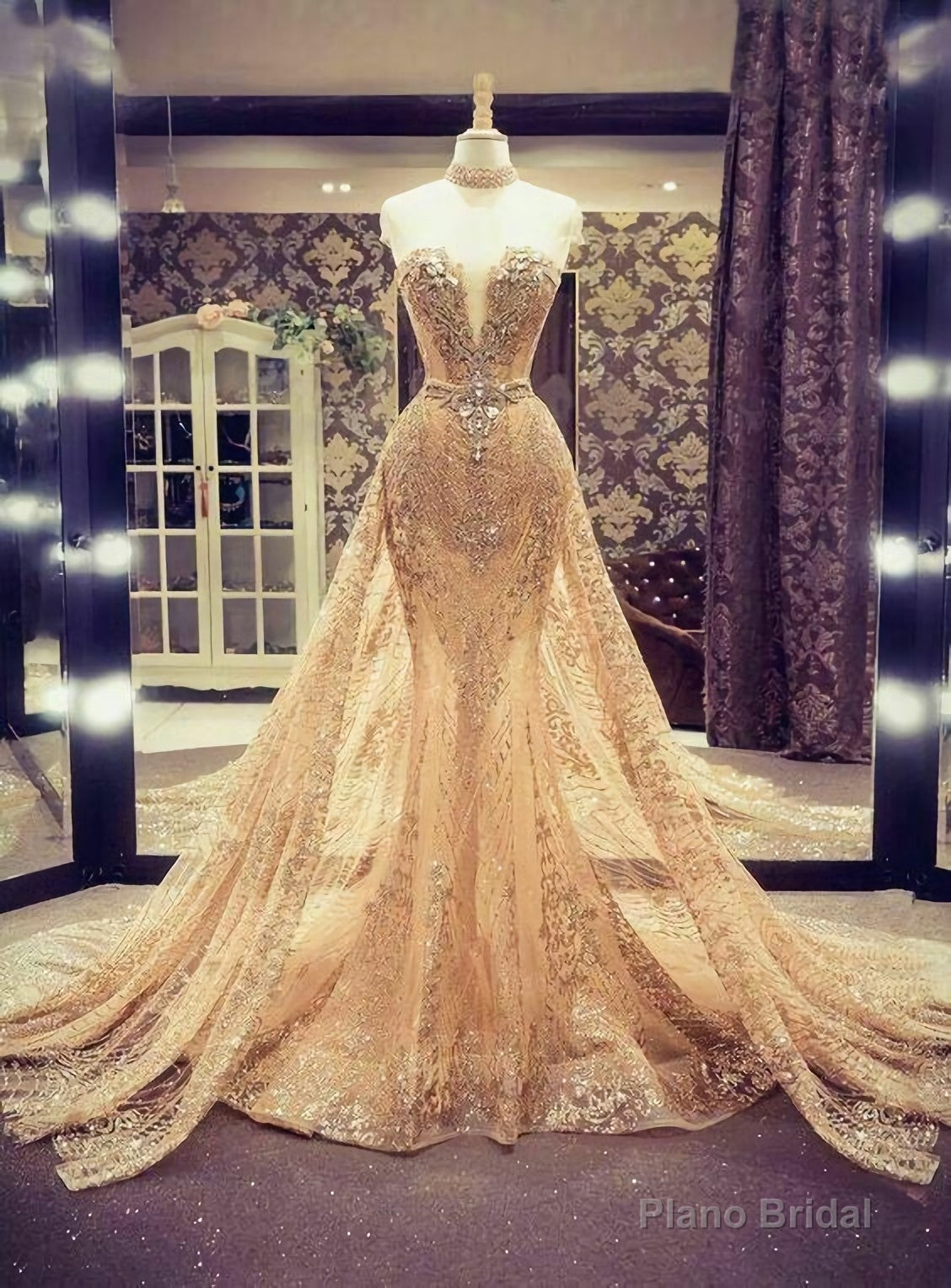 Details About Gold Sparkling Mermaid Evening Prom Party Dress, Celebrity Gown Detachable Train Main image