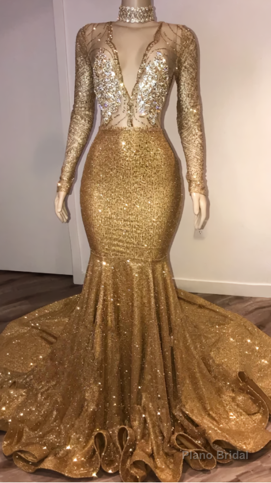 Black Girl Prom Dresses, Open Back Gold Prom Dresses, Cheap With Choker Long Sleeve Mermaid V Neck Sexy Evening Gowns With Crystals Secondary image