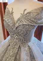 Modern Sparkly Grey Silver Long Or Cap Sleeves Ball Gown Wedding Prom Dress With Glitter Tulle