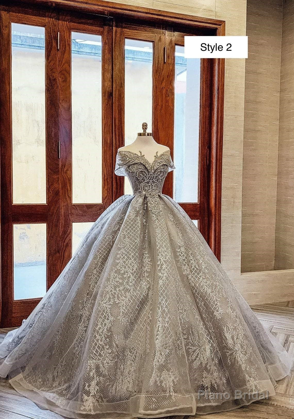 Modern Sparkly Grey Silver Long Or Cap Sleeves Ball Gown Wedding Prom Dress With Glitter Tulle Main image