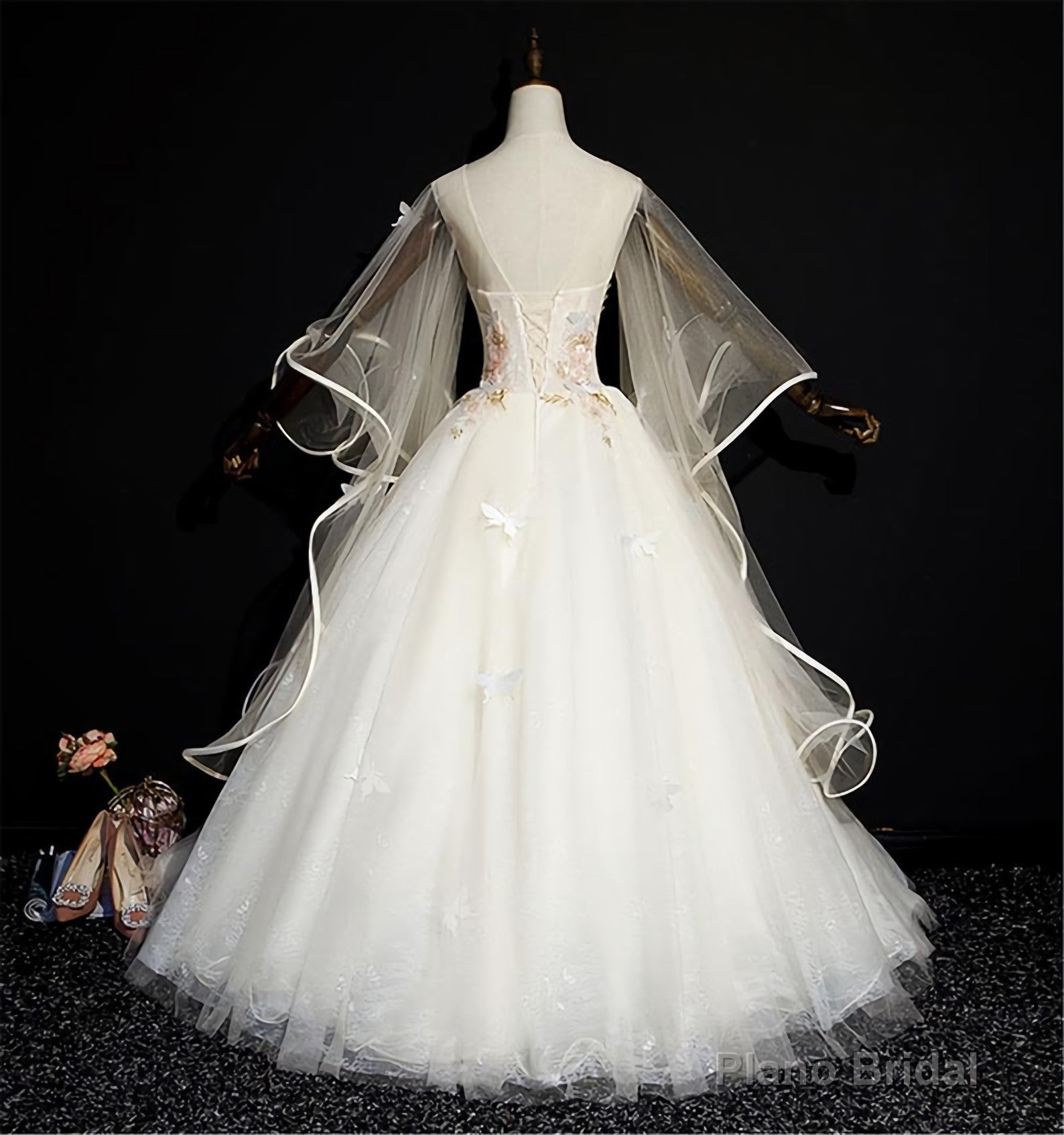 Soft Yellow Quinceanera Dress, Fashion Puffy Prom Dress, Illusion Sleeves Bridal Gown Corset Wedding Gown Butterfly Appliques Bridal Dress Secondary image