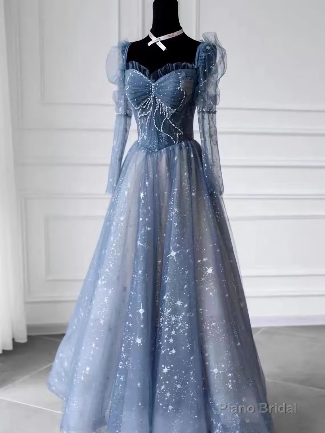 Unique Long Sleeve Prom Dress, Frozen Blue Dress, Haute Couture Temperament Evening Dress, Princess Dress, Custom Made Main image