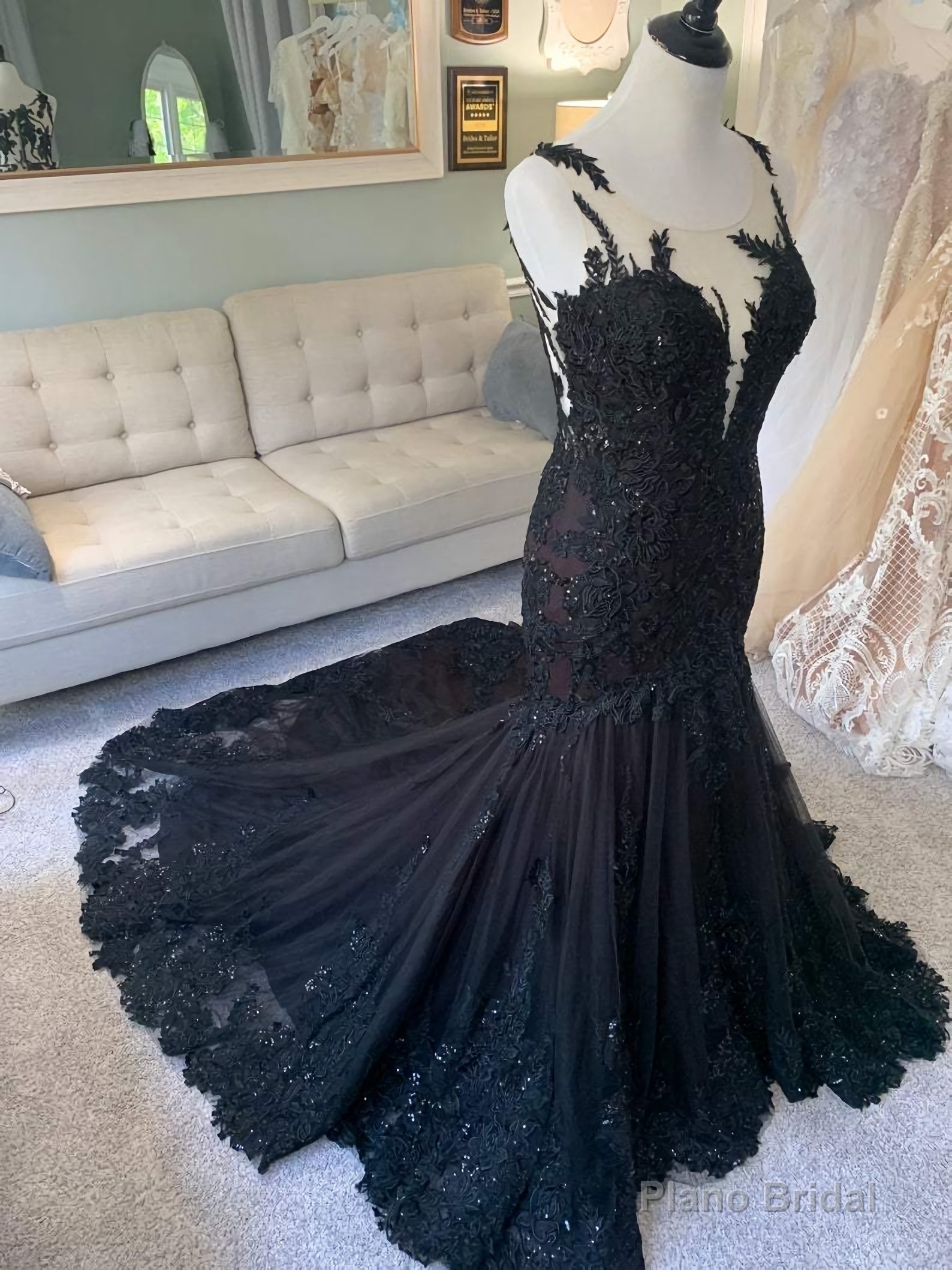 Black Wedding Dress, Gothic Wedding Dress, Mermaid Black Dress, A Line Wedding Dress, Black Lace Wedding Dress, Illusion Back Wedding Dress Main image