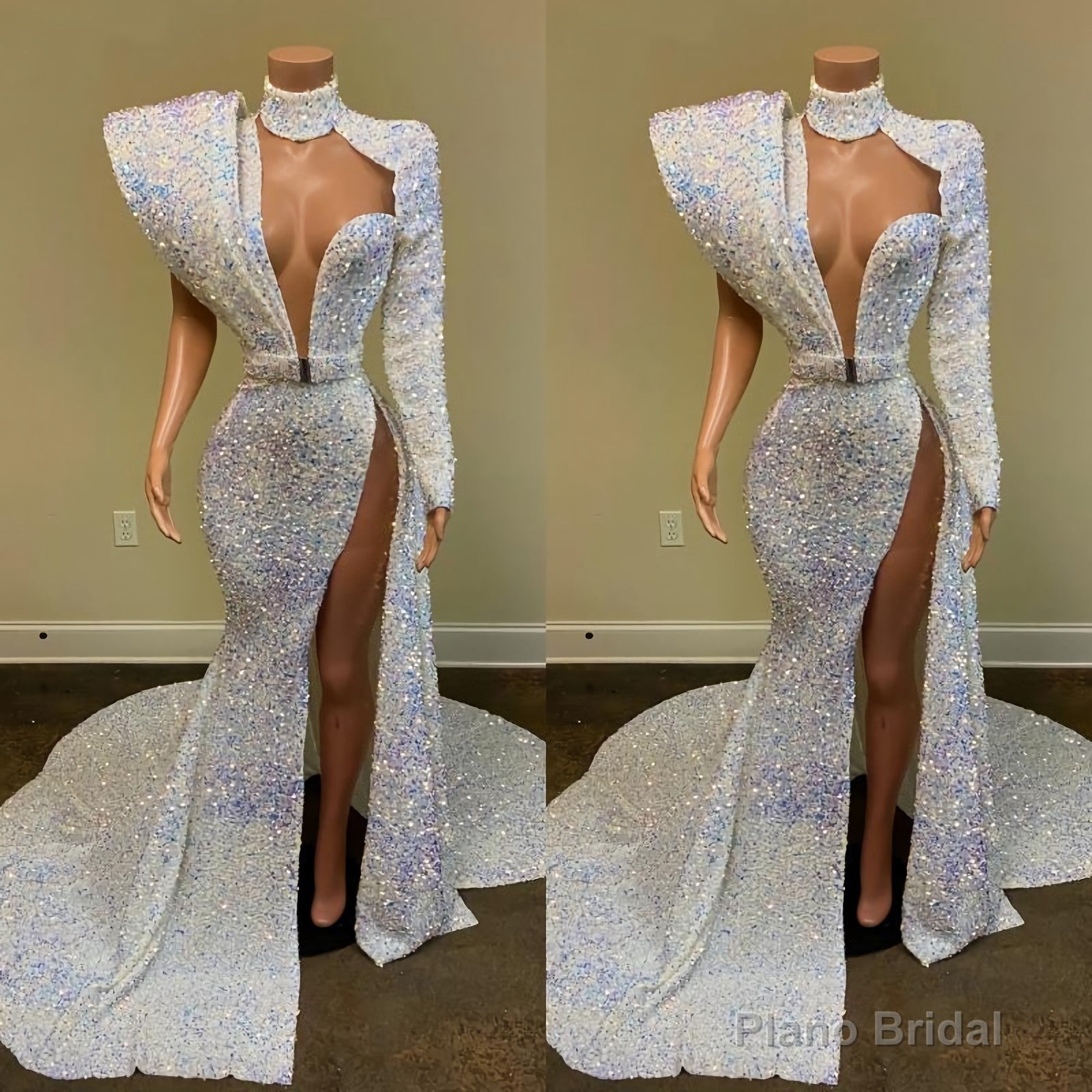 Gorgeous Sequin Long Mermaid Prom Dresses, 2025 Sexy High Slit Sheer High Neck Single Long Sleeve African Black Girl Prom Dress