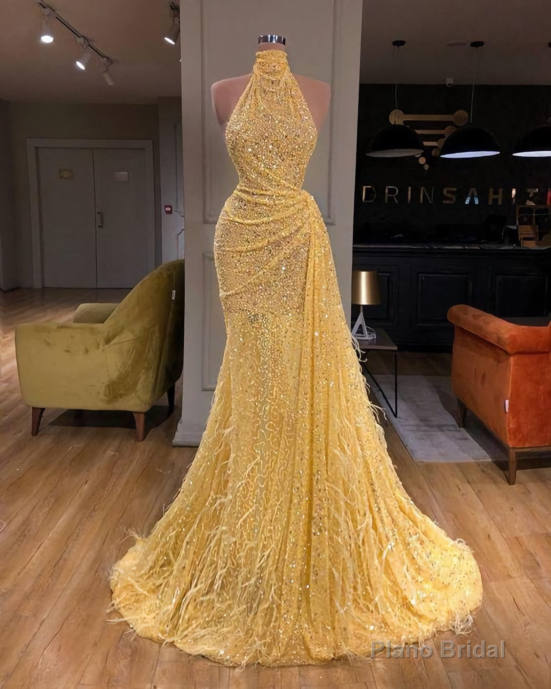 Yellow Evening Dresses, Long High Neck Sparkly Feather Luxury Bling Evening Gown Formal Dress, Long Prom Dress